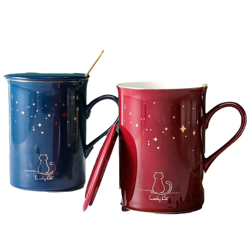 贝瑟斯 猫咪马克杯星空陶瓷杯带盖勺办公室喝水杯子