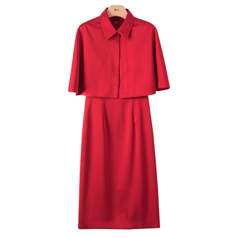 晚白 2020春季新品纯色斗篷翻领修身显瘦中长款包臀连衣裙两件套女