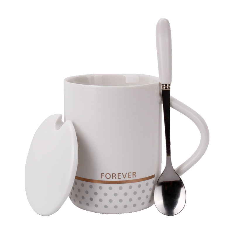 贝瑟斯 创意陶瓷杯水杯带盖带勺牛奶早餐杯子办公室马克杯 白色