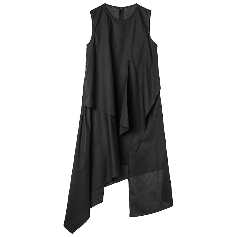 sdeer 圣迪奥优雅纯黑圆领解构搭片不规则摆无袖连衣裙