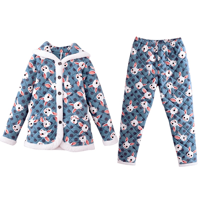 安之伴睡衣女冬季圆领套装夹棉家居服