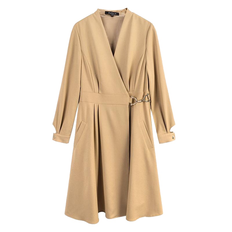 【专柜同款】v领收腰法国雪纺连衣裙女春装2019夏新款a字卡其色中长款裙子秋冬20011661