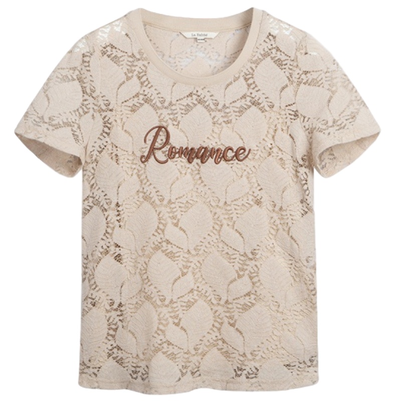 拉夏贝尔夏季女蕾丝短袖韩版百搭洋气小衫勾花镂空衬衫 浅卡其 S