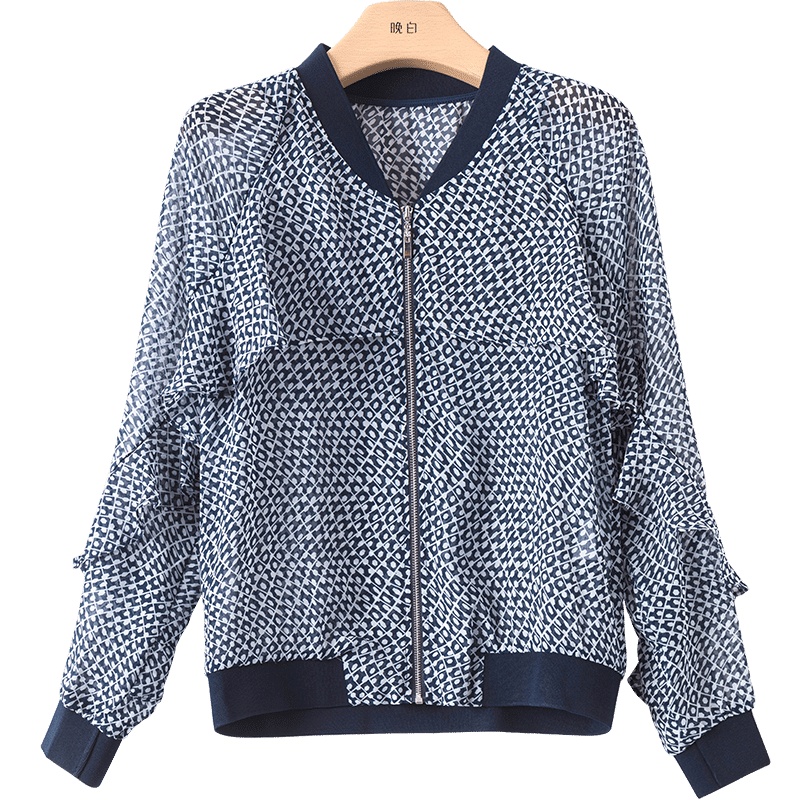 晚白2021春季新品时尚休闲棒球服拉链雪纺衫碎花夹克衬衫外套女