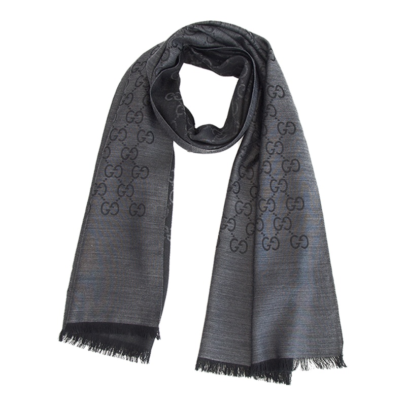 GUCCI 古驰 女士羊毛双G图案流苏边围巾 炭黑色165904 3G646 1100