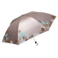 天堂伞黑胶晒女三折叠轻小巧便携晴雨伞两用遮太阳铅笔伞 香槟[雪月]