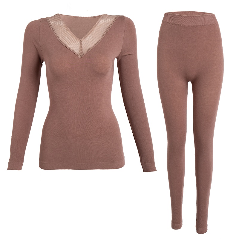 蓓乐妃秋冬女士V领保暖内衣套装纯色秋冬季薄款基础打底衫秋衣秋裤