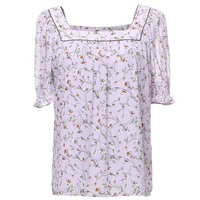 欧昵雪 夏气质方领碎花雪纺衫女短袖褶皱花瓣袖宽松上衣X