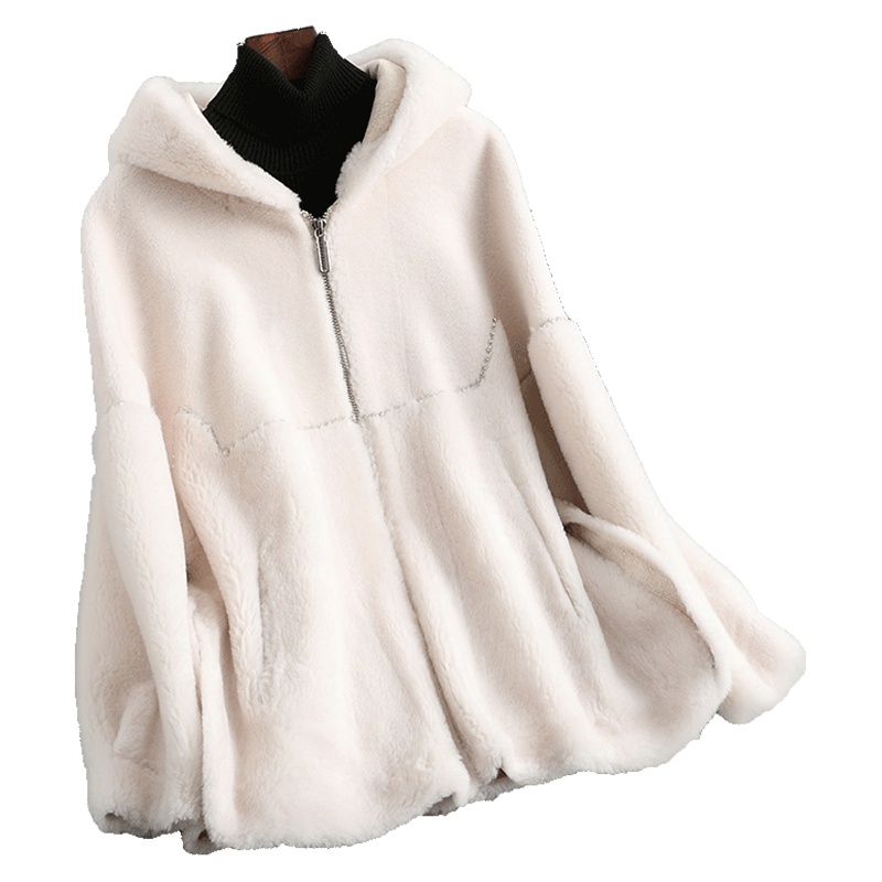 连帽拉链拼接中长款羊剪绒复合皮毛一体外套女