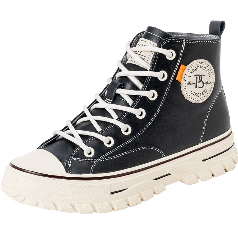 百田森新款真皮高帮帆布鞋女平底百搭时尚港风休闲鞋ins潮