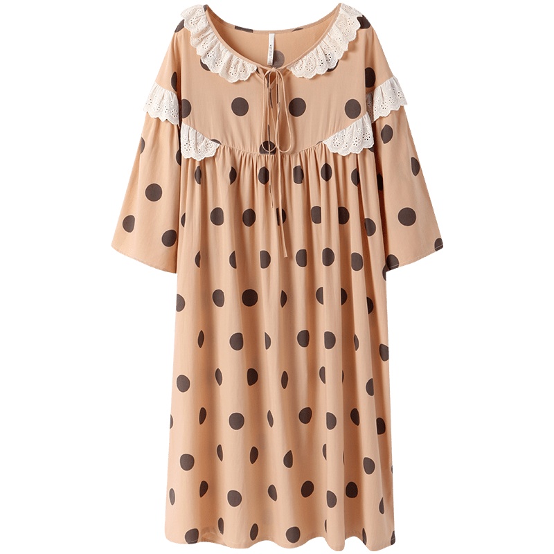 安之伴睡衣女春梭织色织条印圆点七分袖女裙家居服