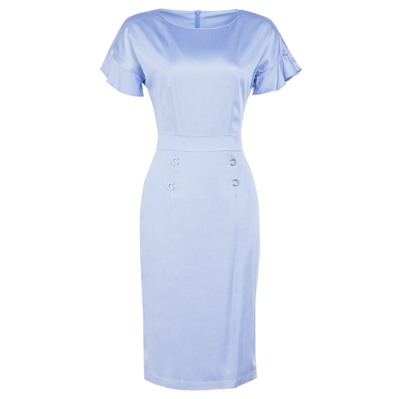 晚白新款通勤知性修身纯色圆领短袖高腰包臀开叉连衣裙女