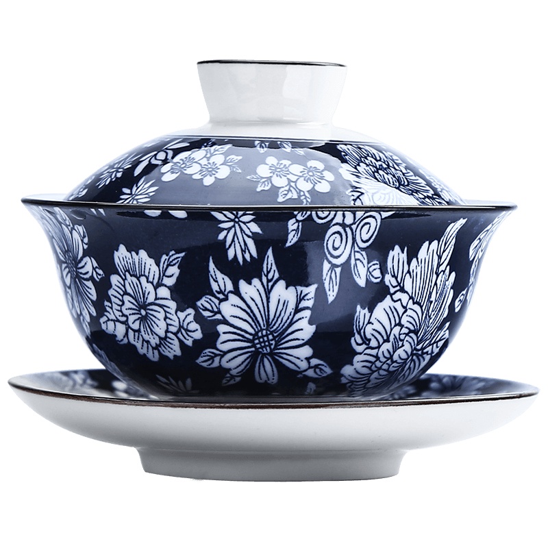 領藝 青花盖碗茶杯大号家用陶瓷三才泡茶碗功夫景德镇风格茶具 芍药盖碗