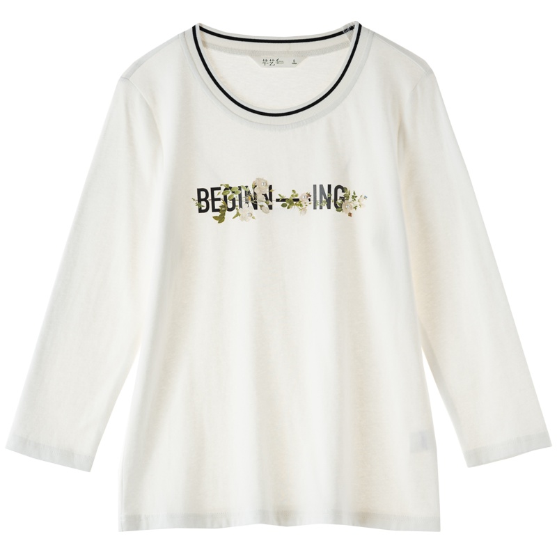 芊艺时尚印花长袖t恤女2019秋季新款韩版圆领宽松体恤百搭上衣10344