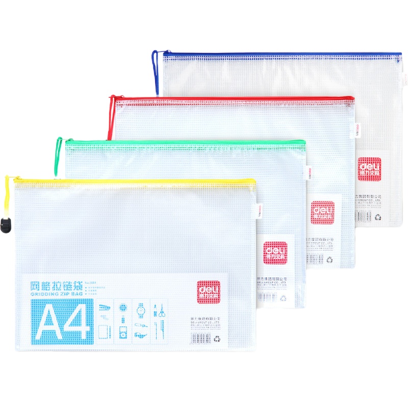得力 拉链袋 透明塑料网格文件袋 A4拉边袋 资料袋 网格袋 5654 (颜色随机) 10只/袋