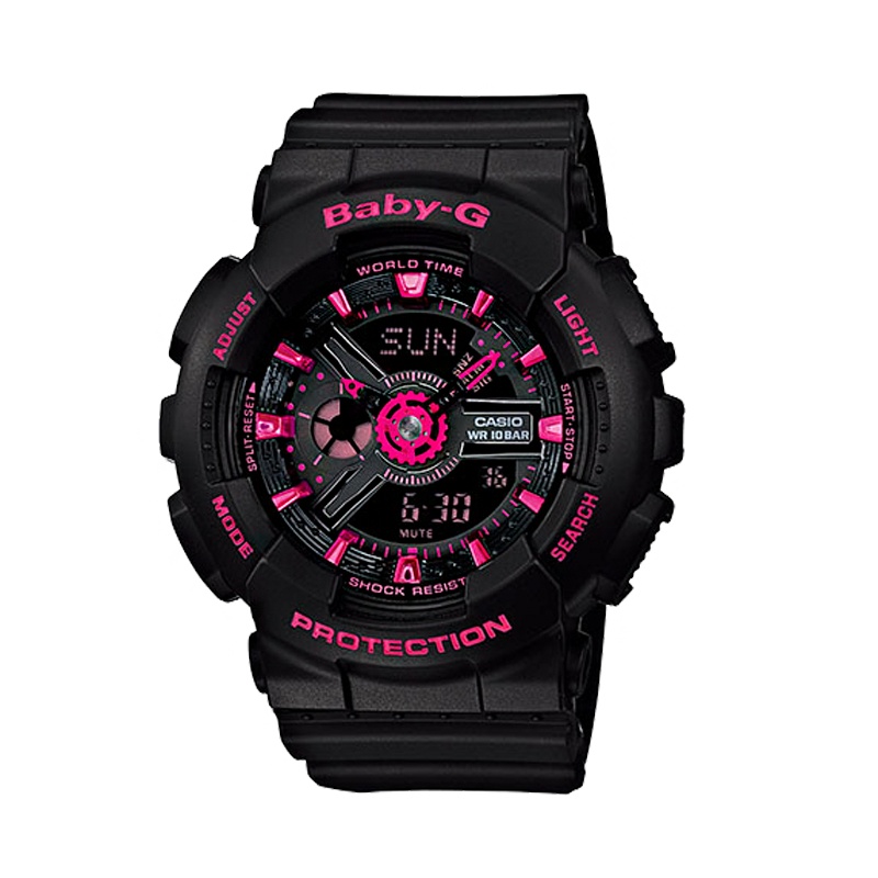 卡西欧(CASIO手表BABY-G系列时尚运动防水多功能双显石英女腕表光感玫红x黑BA-111-1A