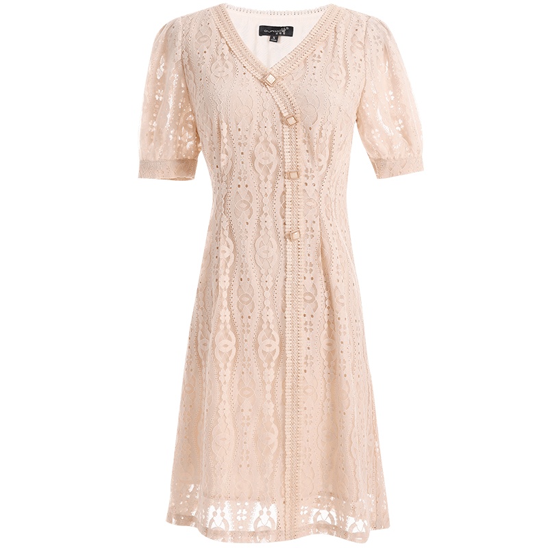 欧昵雪夏季法式优雅V领镂空蕾丝连衣裙女短袖收腰短裙