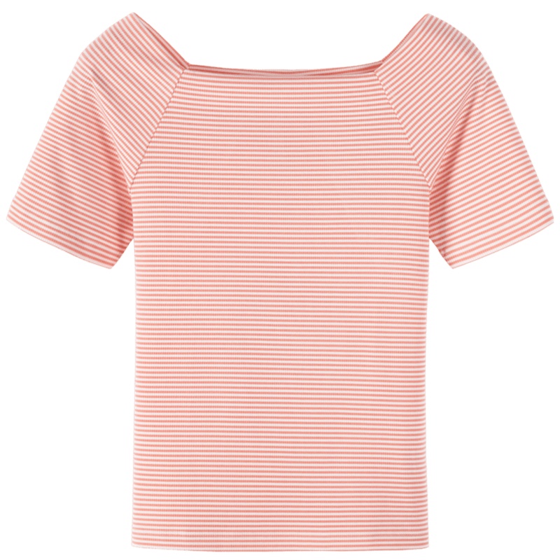 【满198减100预估价：36】森马夏季时尚短袖T恤女锁骨心机一字肩内搭修身衫条纹体恤衫显瘦