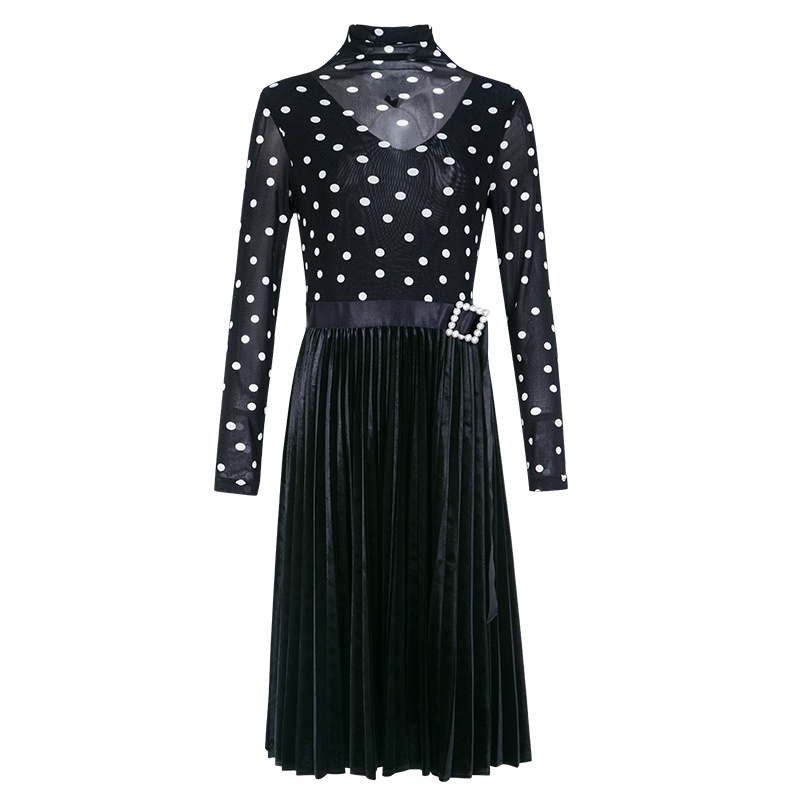 晚白女2019春季新款波点印花高领长袖收腰显瘦中长蕾丝百褶连衣裙