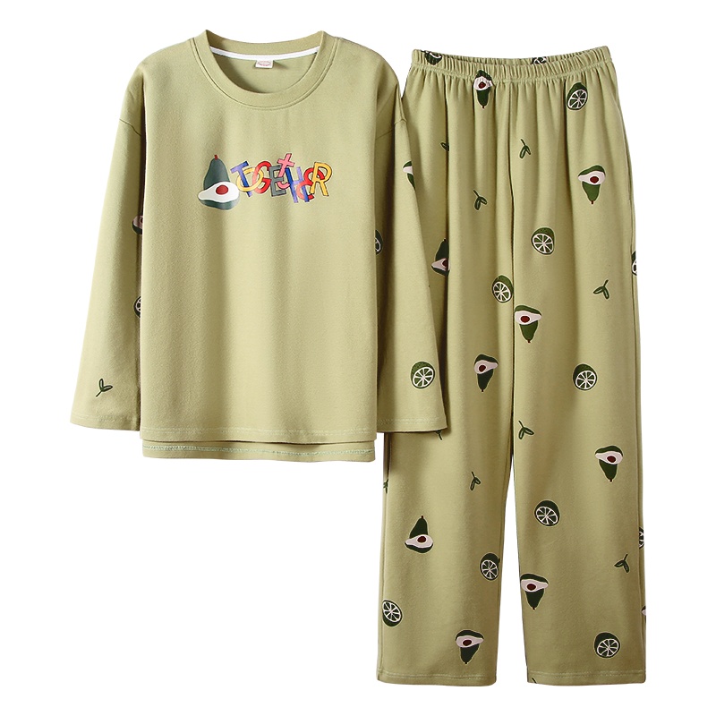 蓝旗(BLUEG)春夏睡衣女薄款绿色英文可爱舒适两件套家居服