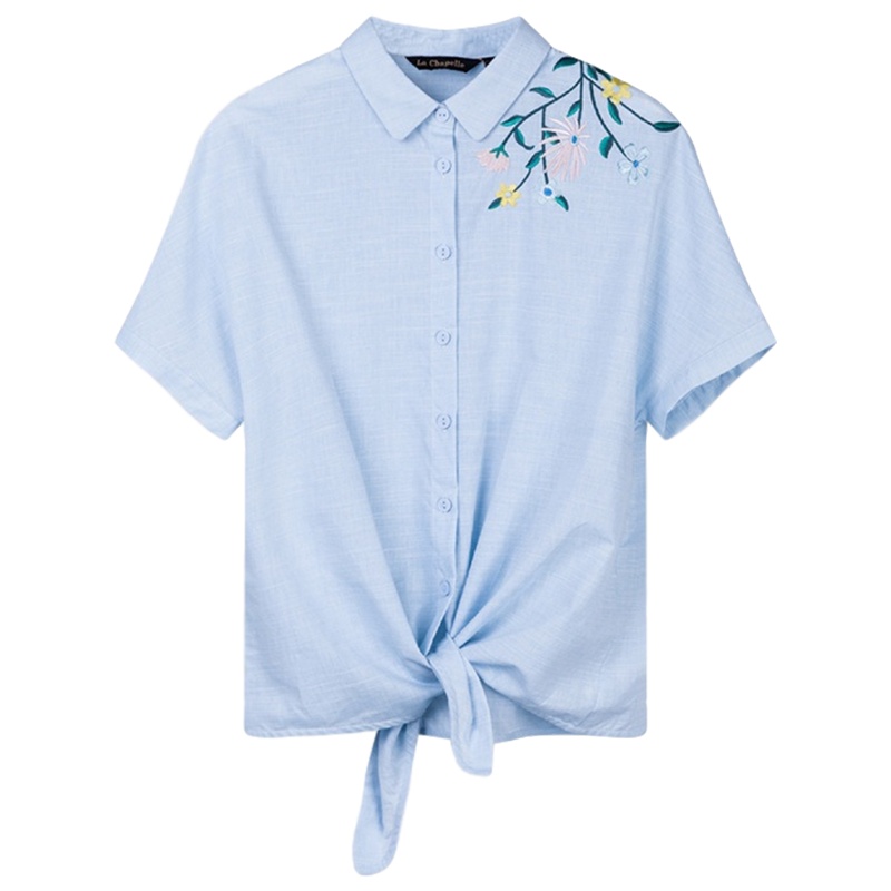 拉夏贝尔短袖衬衫女夏新款方领简约棉质条纹衬衣花卉刺绣休闲百搭上衣 条纹混色 S