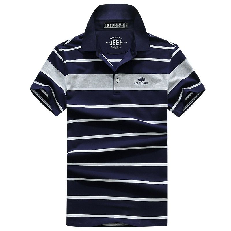 JEEP/吉普2019夏季男士条纹翻领短袖T恤棉质宽松大码男装商务休闲T恤衫
