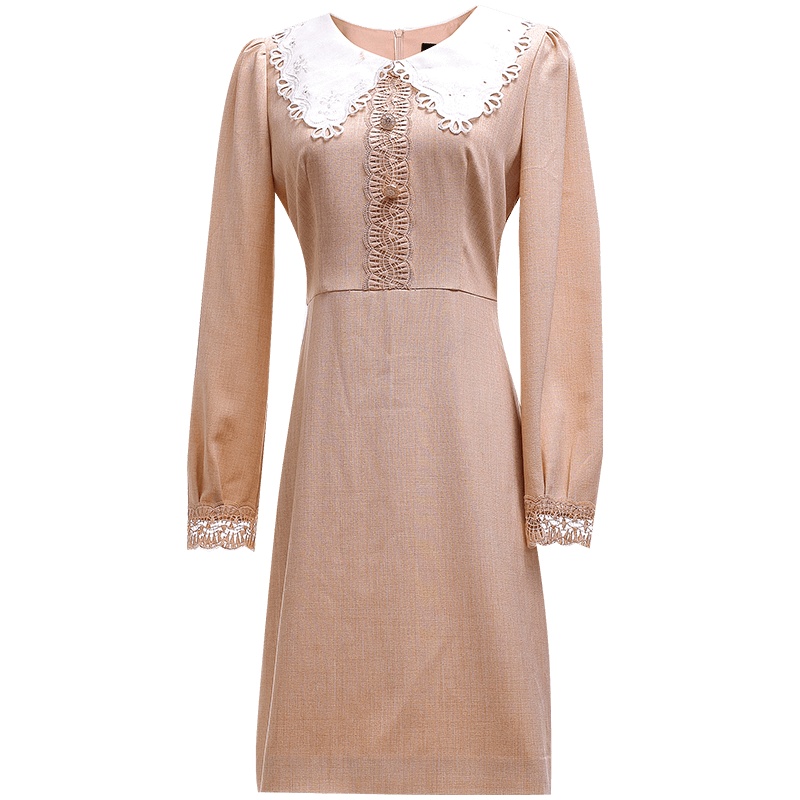 欧昵雪法式绣花娃娃领显瘦收腰连衣裙女长袖a字中裙