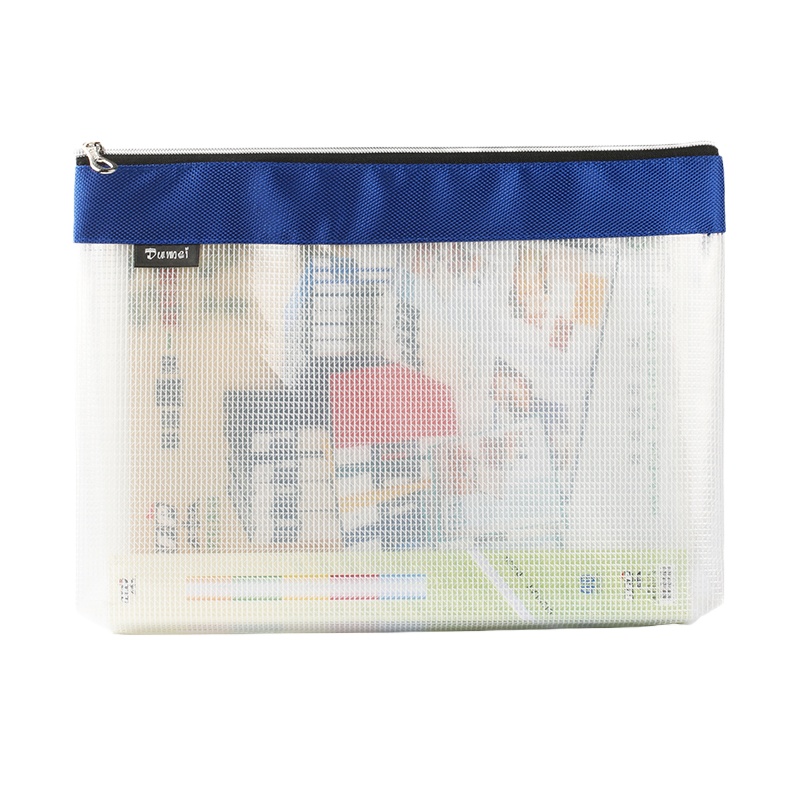 渡美 A4文件袋透明拉链袋 商务办公文具网格资料收纳袋 试卷袋 底部加宽大容量 浅蓝色