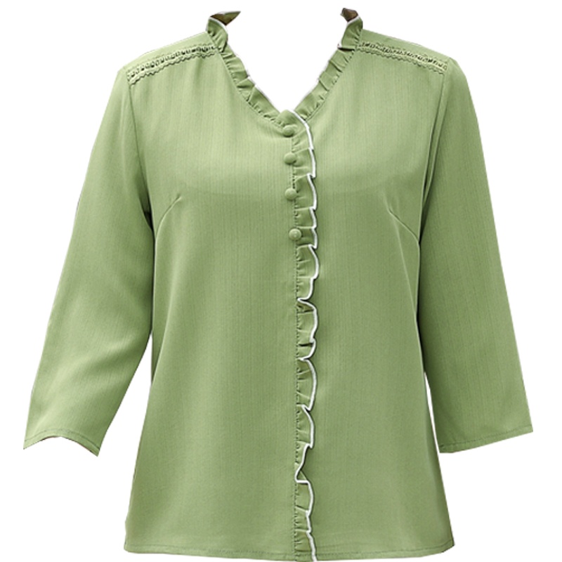 春新款妈妈装时尚牛油果绿木耳边V领气质显瘦长袖小衫