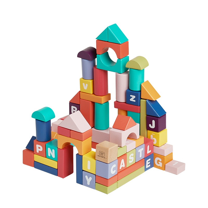 babycare宝宝积木81粒 木头 婴儿男孩女孩1-2-3岁儿童启蒙拼装玩具益智 洛伊城堡 7266