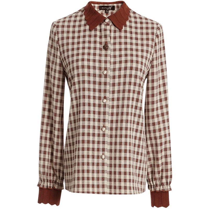 OUNIXUE欧昵雪 | [复古格子衬衣]秋冬季文艺罗纹翻领休闲直筒衬衫女