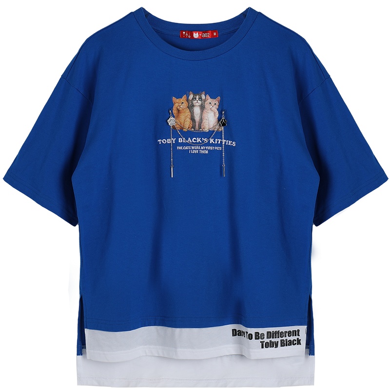 a02商场同款萌趣猫咪印花金属链前短后长T恤女D1U2D0501KT