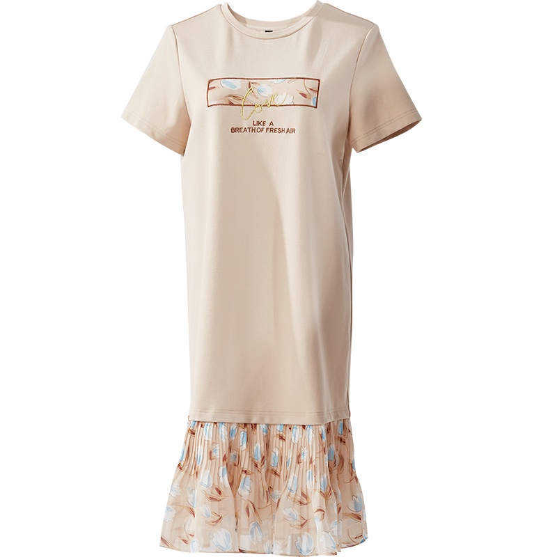 欧昵雪夏季圆领字母印花拼接雪纺荷叶摆宽松T恤连衣裙女