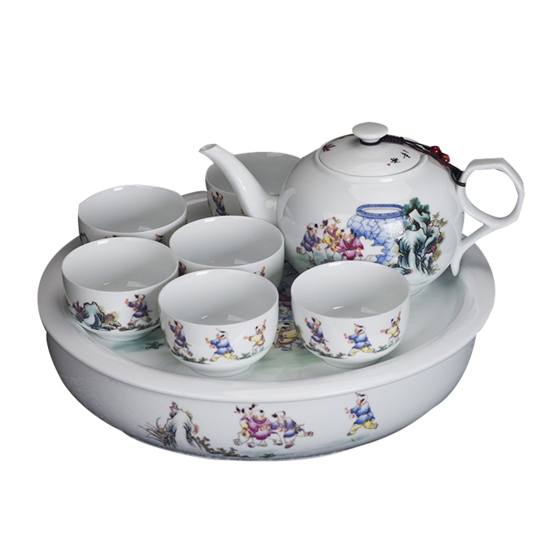 瓷物语家用茶具1000ML 陶瓷大茶壶单壶耐热防暴景德镇青花瓷薄胎瓷(童趣一壶六杯 )