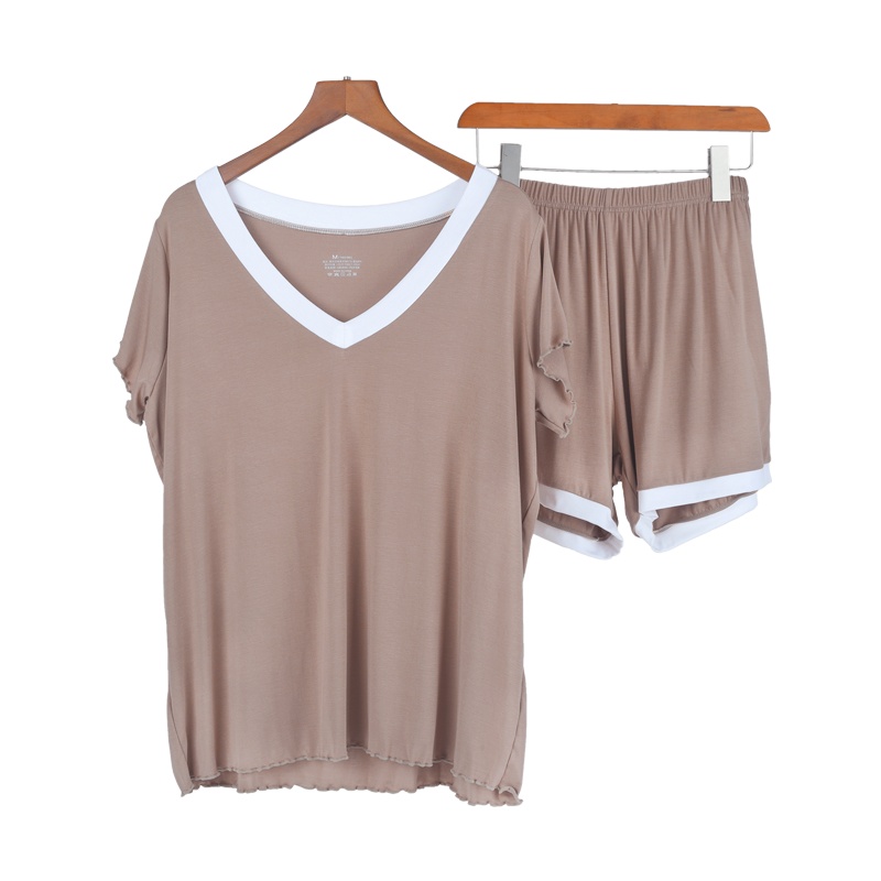 顶瓜瓜新款v领休闲纯色短袖短裤两件套装可外穿舒适睡衣家居服