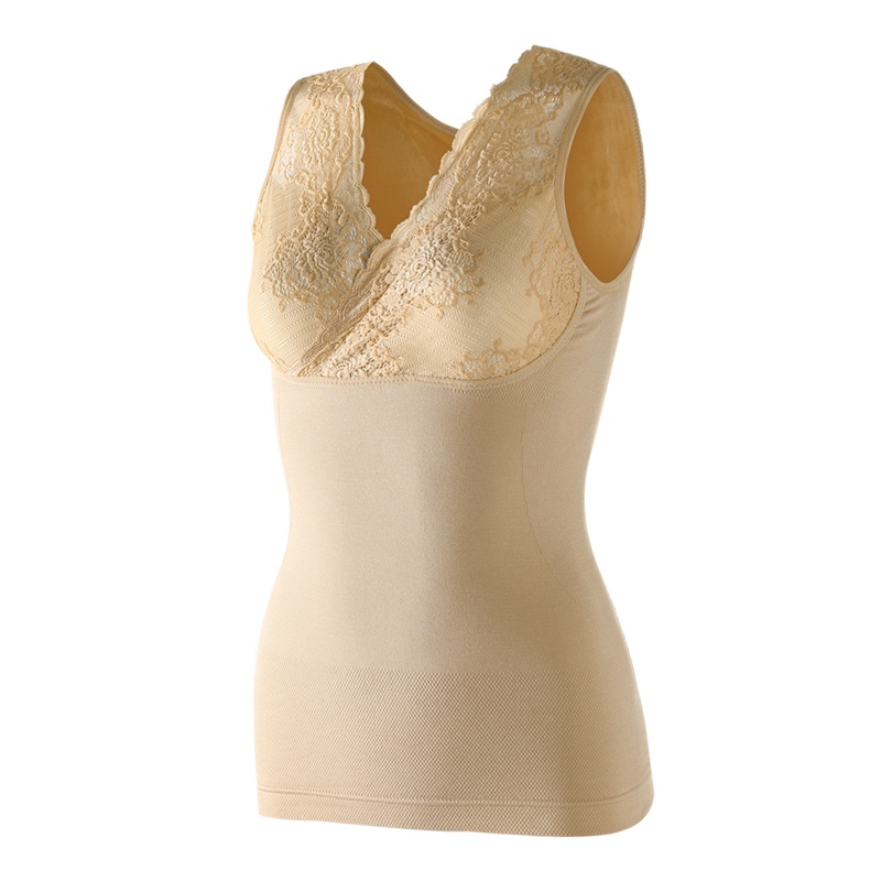 俞兆林新款蕾丝V领保暖背心女双层加绒加厚时尚日韩风修身显瘦上衣冬