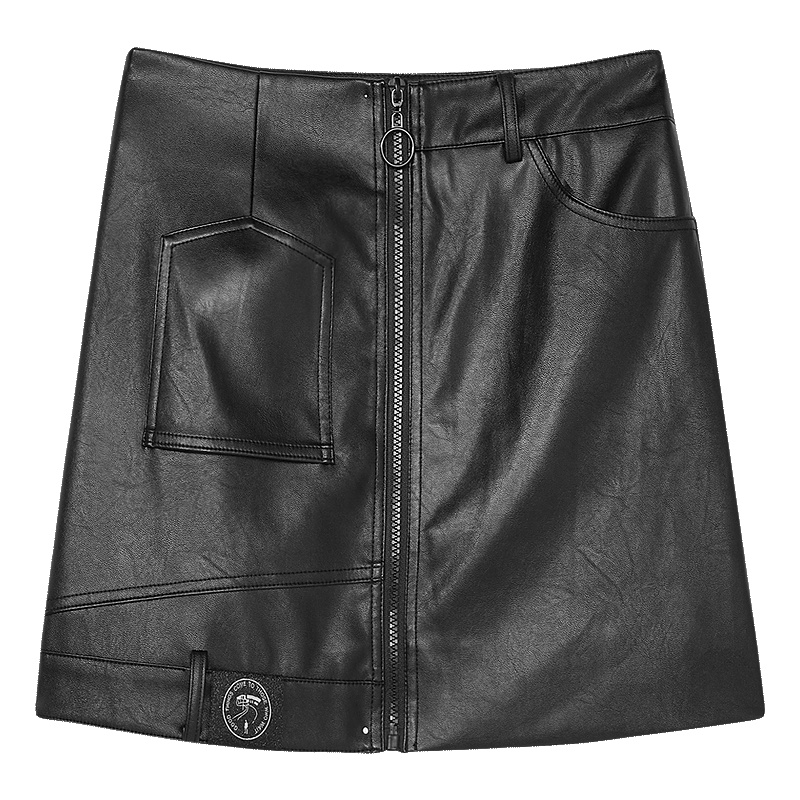 2019爱居兔秋季女装拉链设计pu面料短单裙