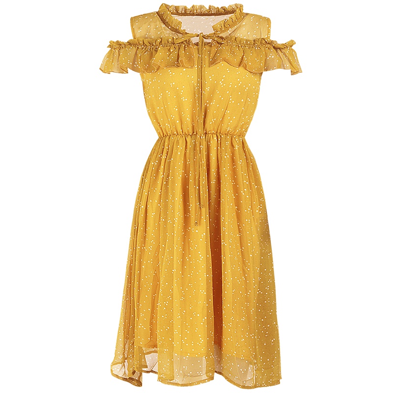 晚白 新款雪纺波点印花露肩荷叶边收腰A字连衣裙