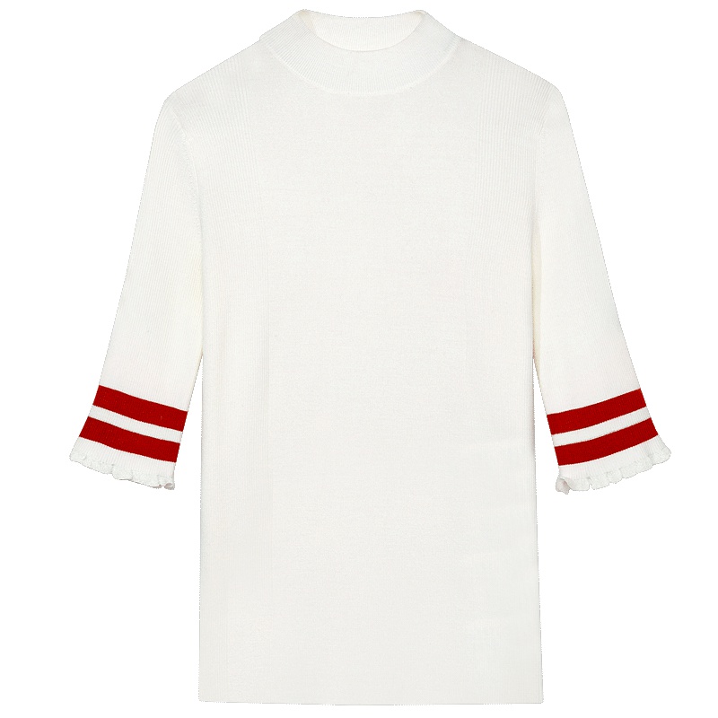 2019爱居兔春秋女装木耳边袖口修身中袖针织衫