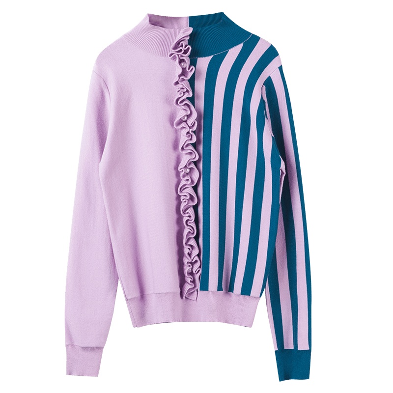 晚白 新品淑女复古条纹半高领拼色长袖打底衫毛衣套头针织衫女