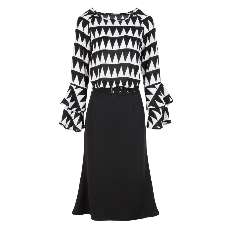 晚白 新品时尚套装裙喇叭袖衬衫纯色包臀裙半身裙两件套女