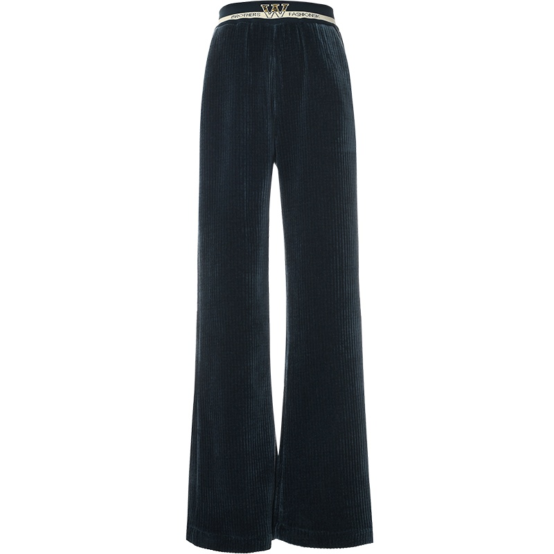 欧昵雪冬装字母松紧高腰雪尔绒阔腿裤女垂感直筒休闲长裤