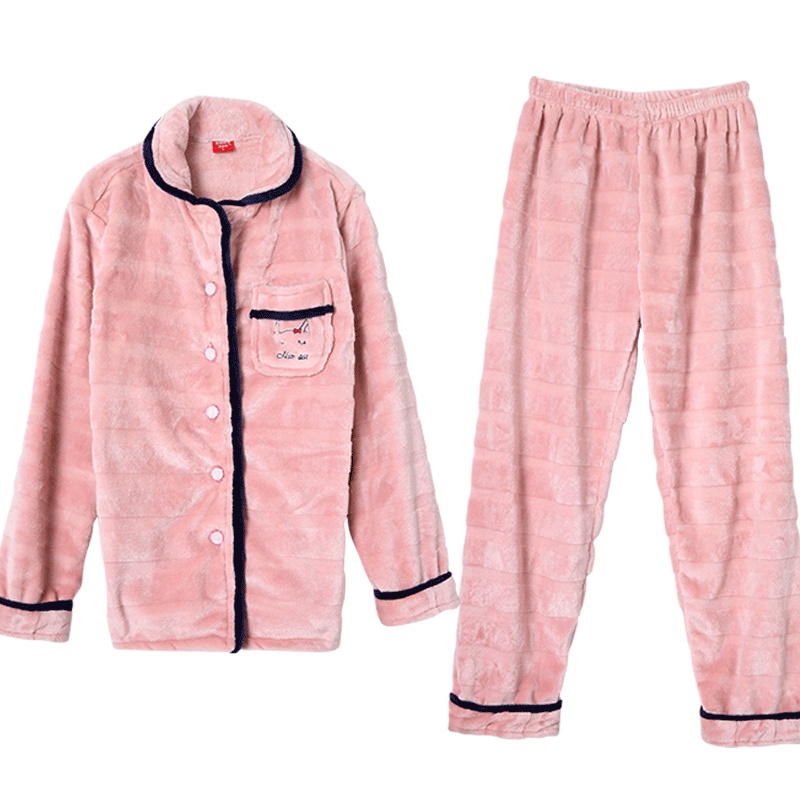 雪仙丽法兰绒睡衣女加厚加绒秋冬季珊瑚绒女人冬天家居服套装保暖