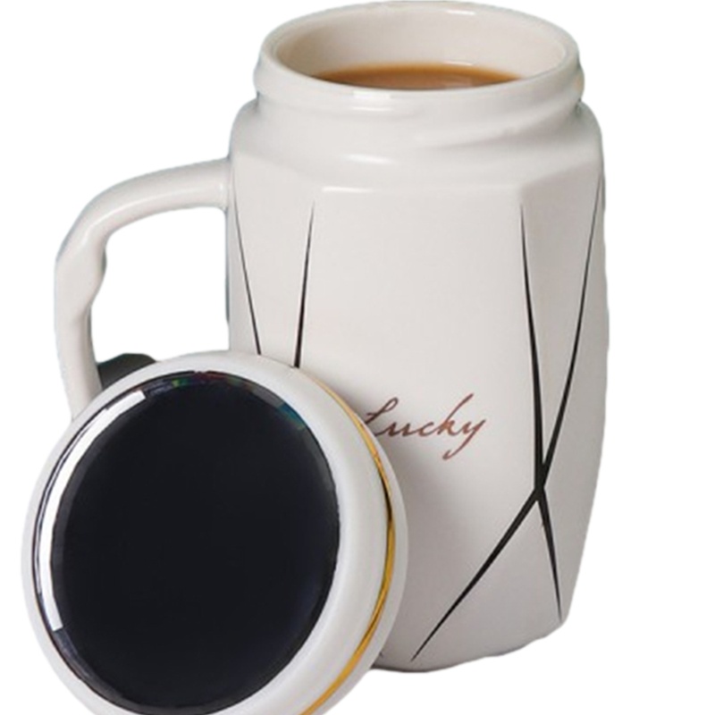 贝瑟斯 北欧风带盖镜面杯描金商务喝水杯陶瓷马克杯500ml杯子