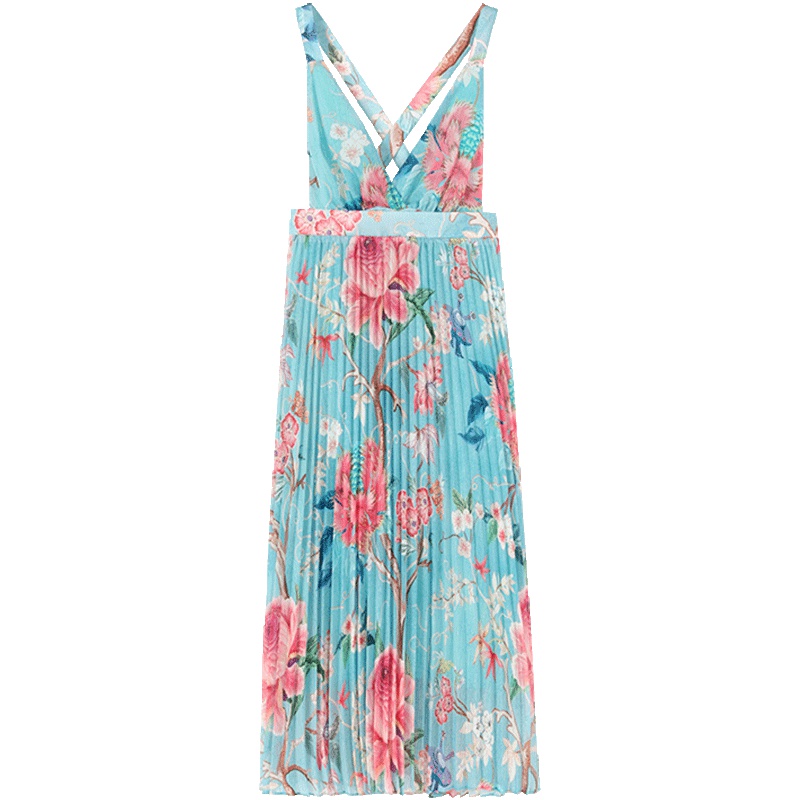 马克华菲女装2019夏印花吊带长裙夏显瘦复古韩版连衣裙