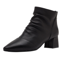 星期六(ST&SAT) 旗下皱面尖头粗高跟低筒短靴女DF94116410