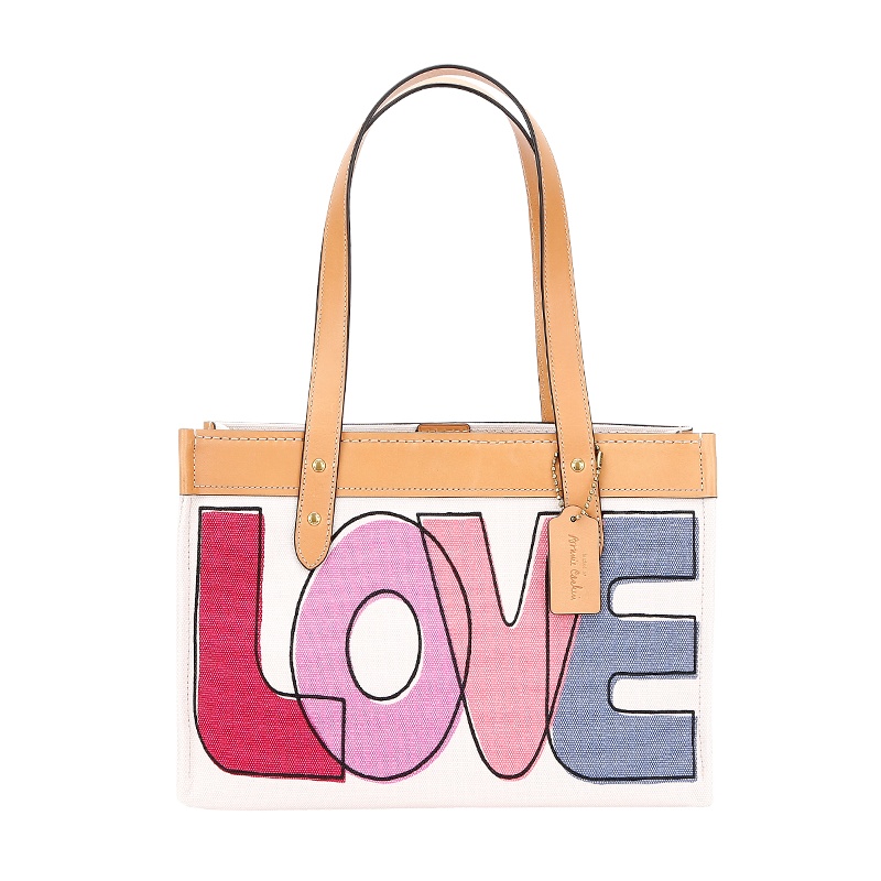 蔻驰 COACH 奢侈品 女士专柜款帆布爱心印花托特包单肩包大号米色印花 89231 B4/P1