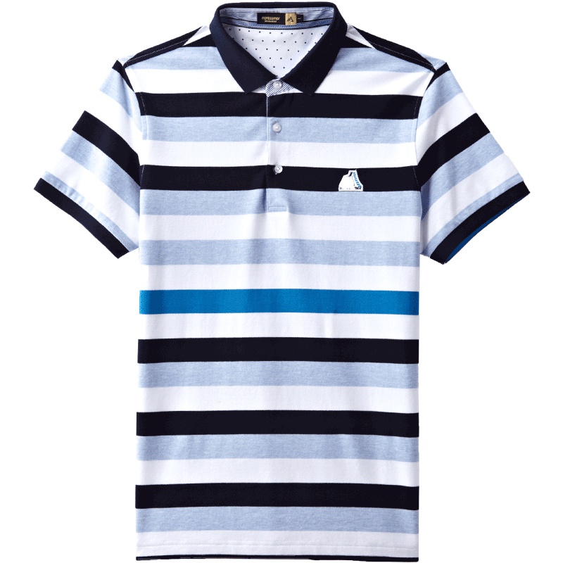 蒙蒂埃莫清爽海洋风花纱定位条纹纯棉短袖翻领T恤