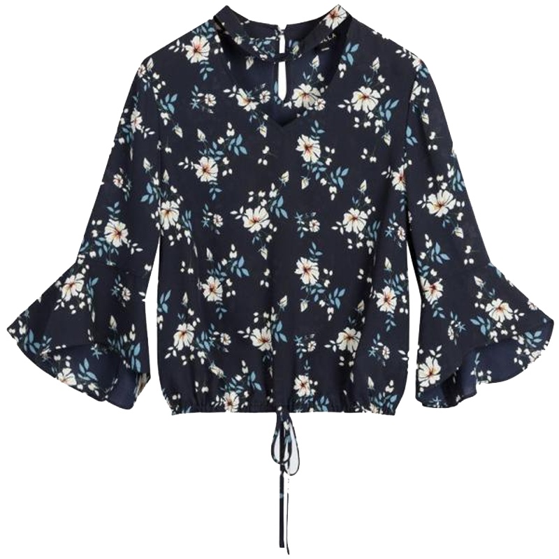 拉夏贝尔荷叶边雪纺衬衫女秋设计小众V领挂脖衬衣上衣女20012451