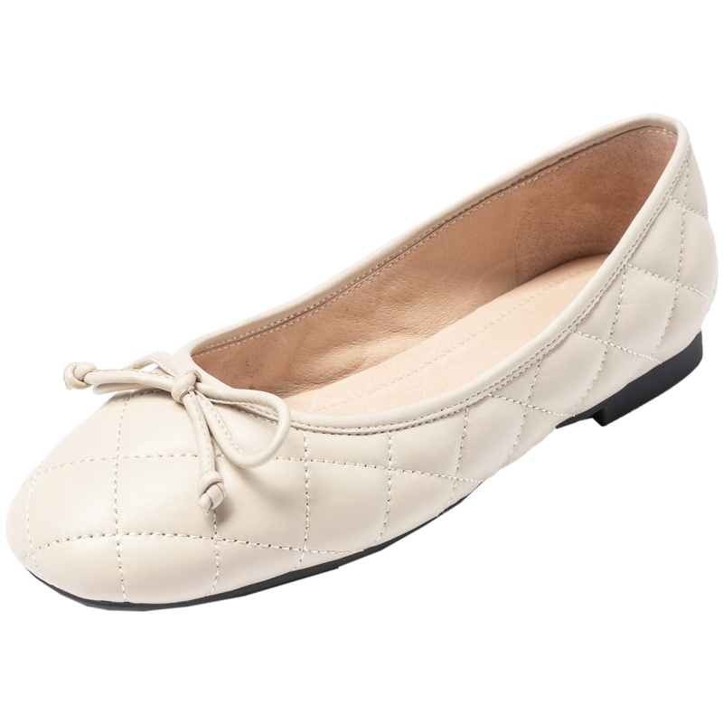 百田森秋季新款奶奶鞋女平底舒软甜美蝴蝶结带菱格纹羊皮鞋女